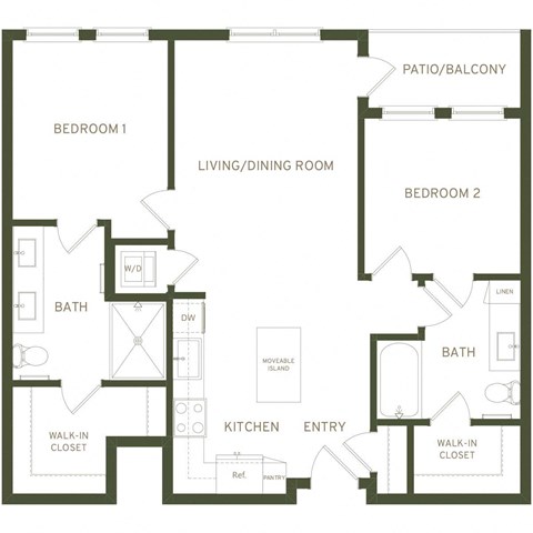 Floor plan for 2 beds, 2 baths, 968 sqft